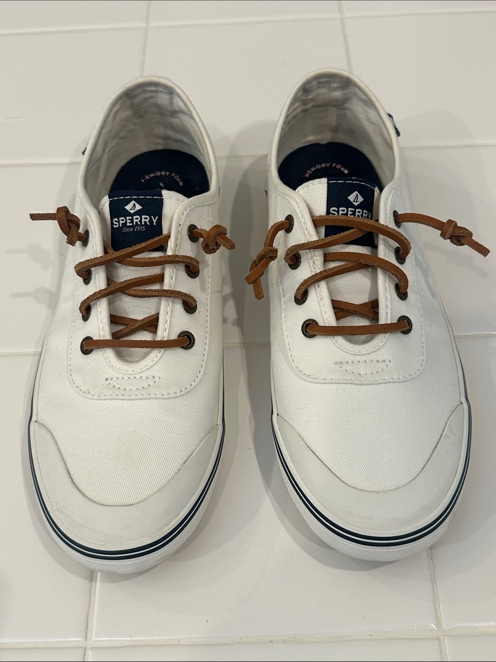 Sperry Women's White Canvas Boat Shoes with Leather Laces